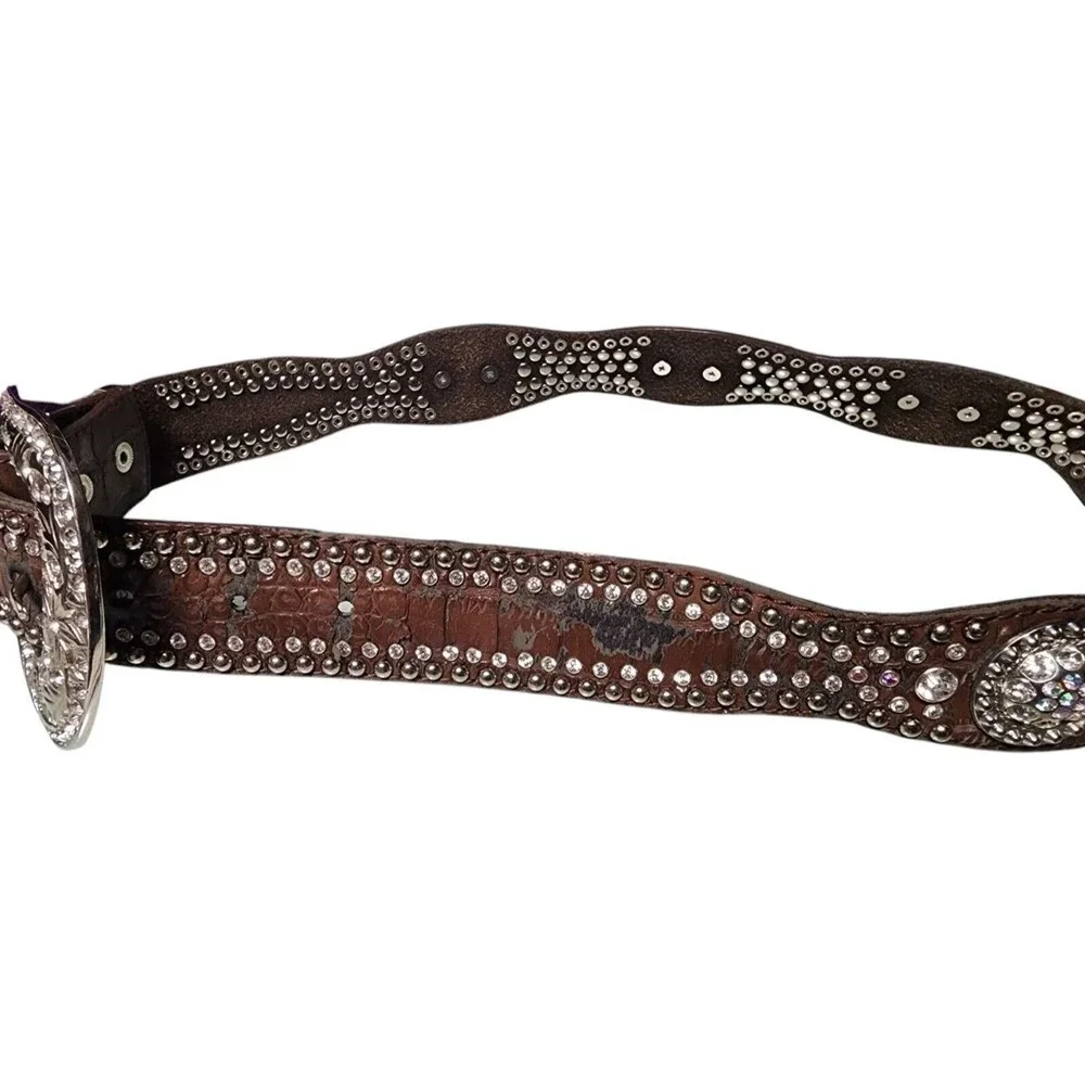 Vintage SPARKLE Leather Rhinestone Concho Belt Length 45
